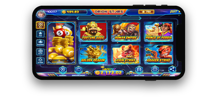 Landscape mobile view displaying horizontal game selection