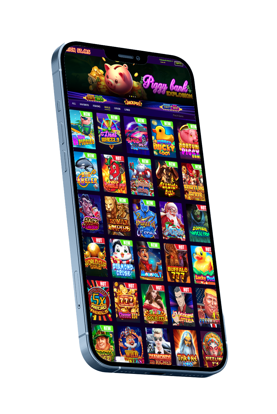 Portrait mobile view displaying vertical scrolling slot games